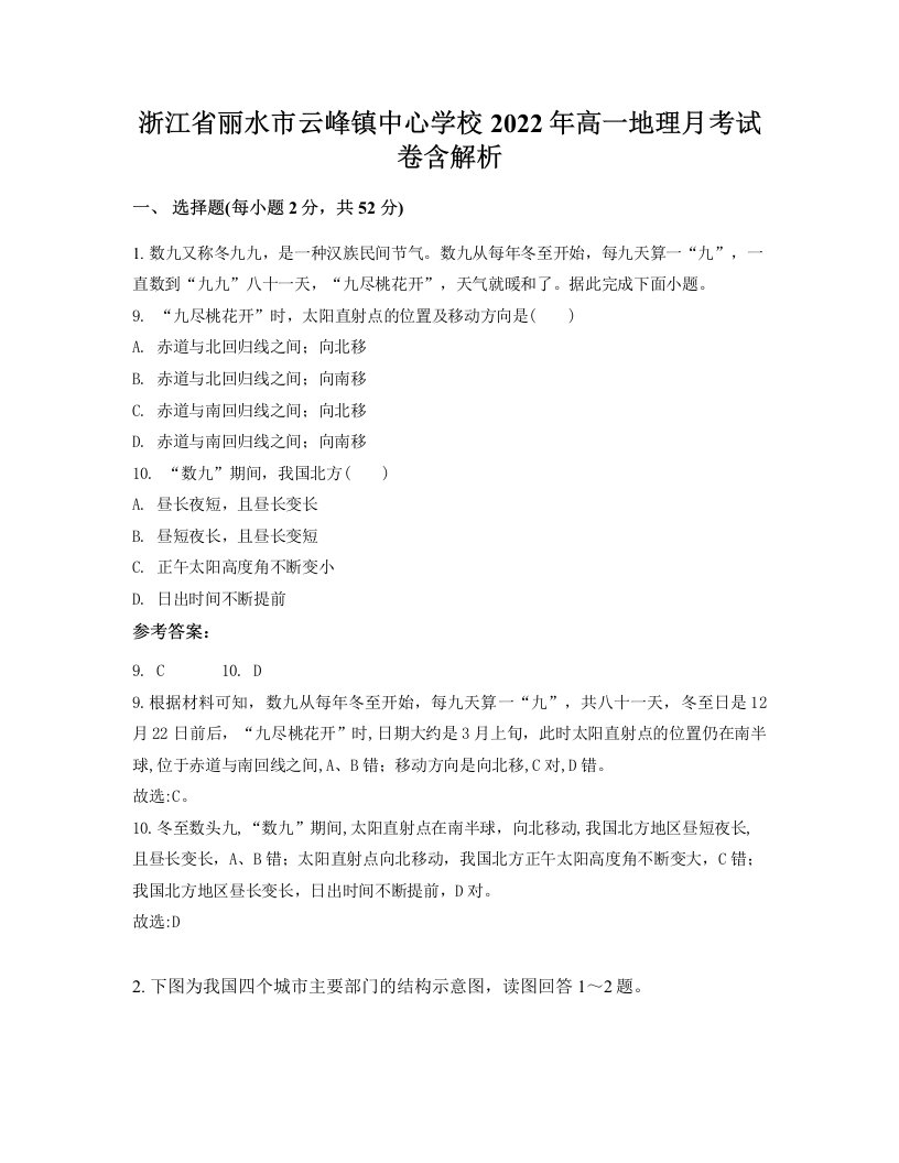 浙江省丽水市云峰镇中心学校2022年高一地理月考试卷含解析