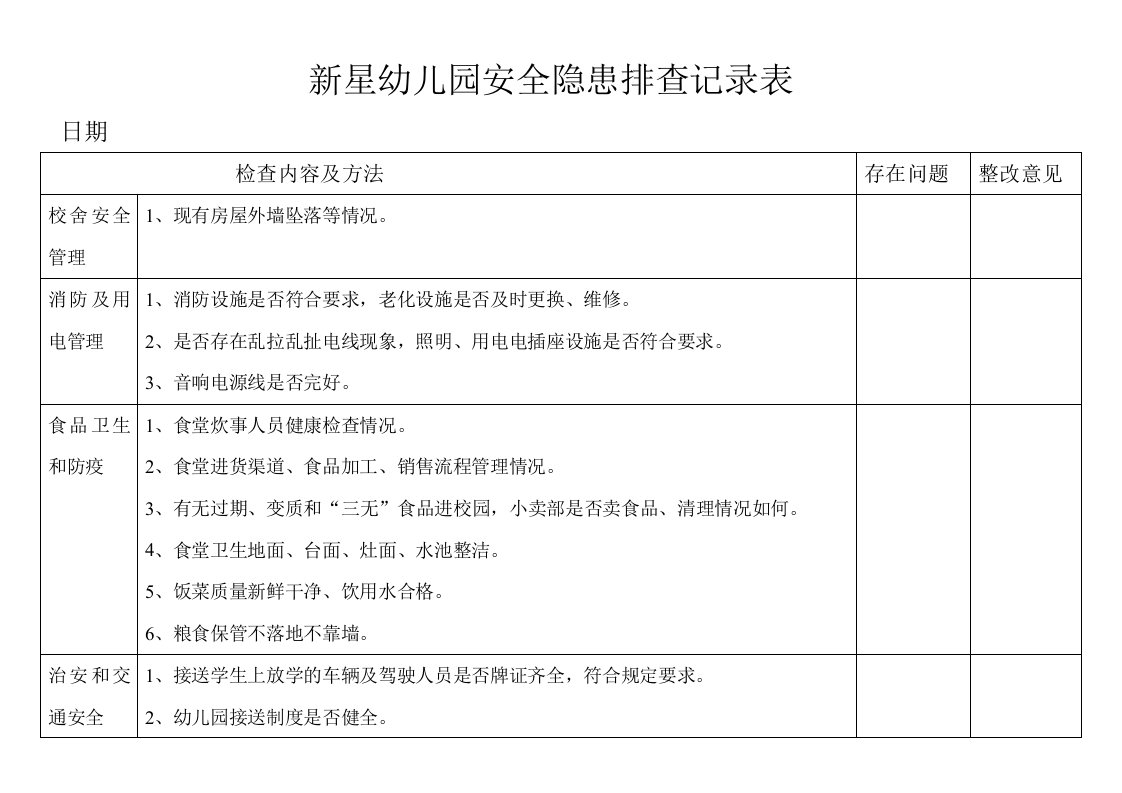 新星幼儿园安全隐患排查记录表