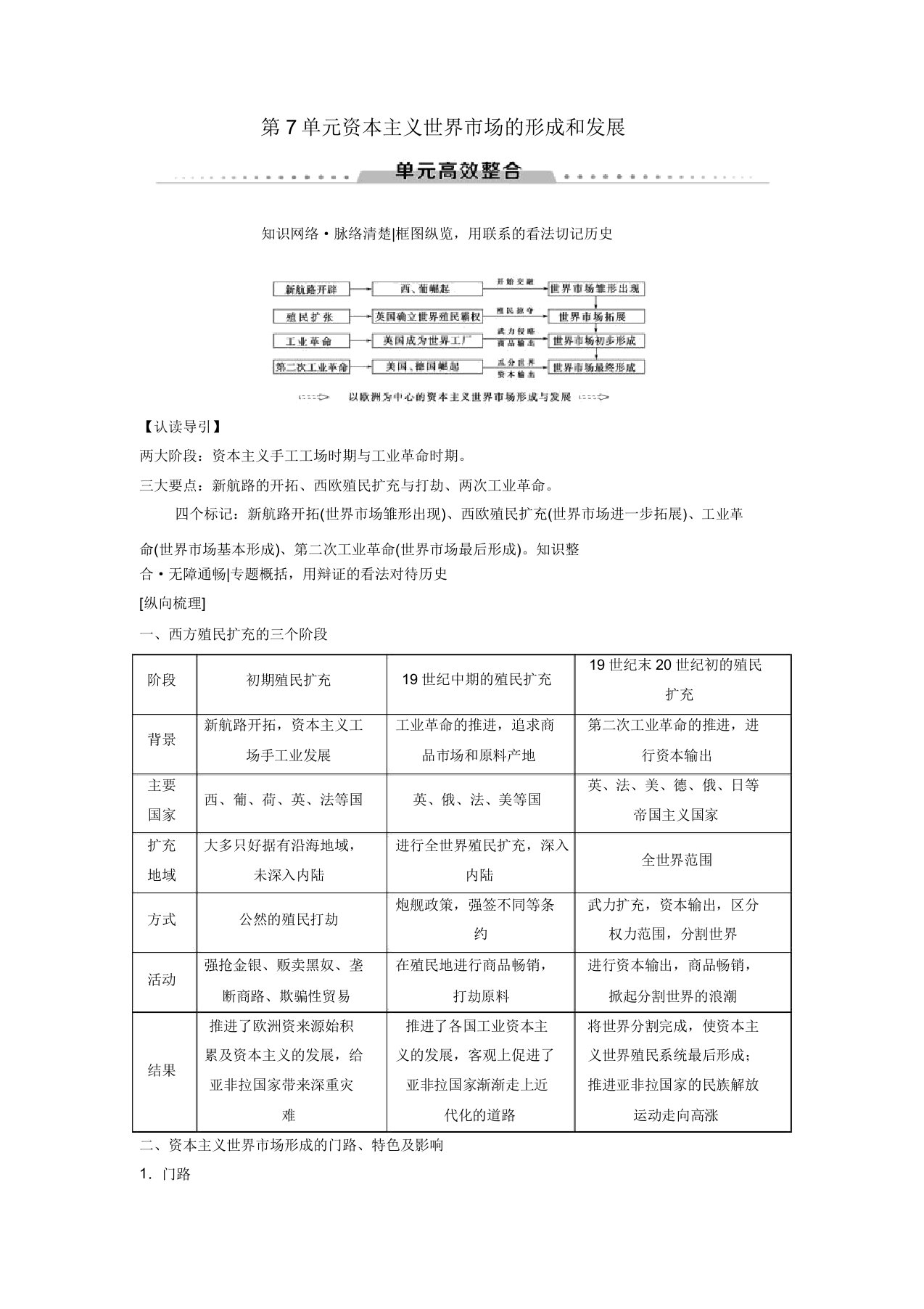 海南地区高考历史一轮总复习模块二经济成长历程第7单元资本主义世界市场形成和发展单元高考整合学案