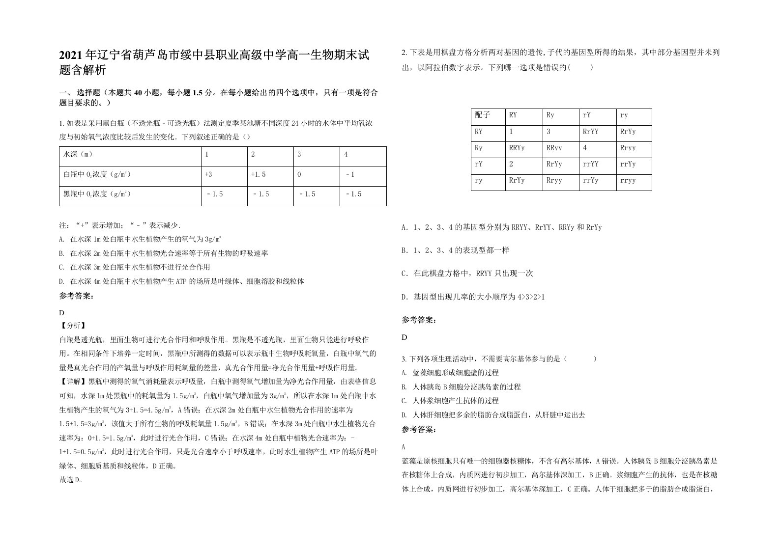 2021年辽宁省葫芦岛市绥中县职业高级中学高一生物期末试题含解析