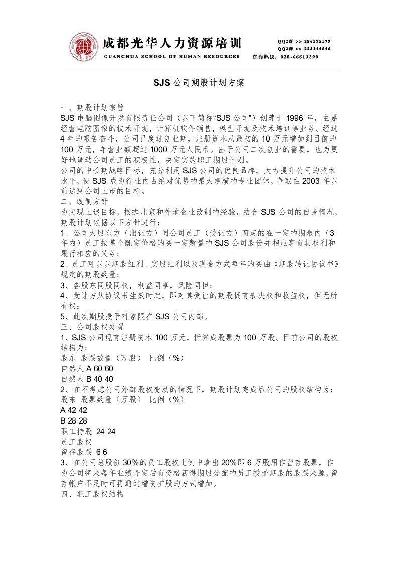 股票期权操作方案集成26项SJS公司期股计划方案