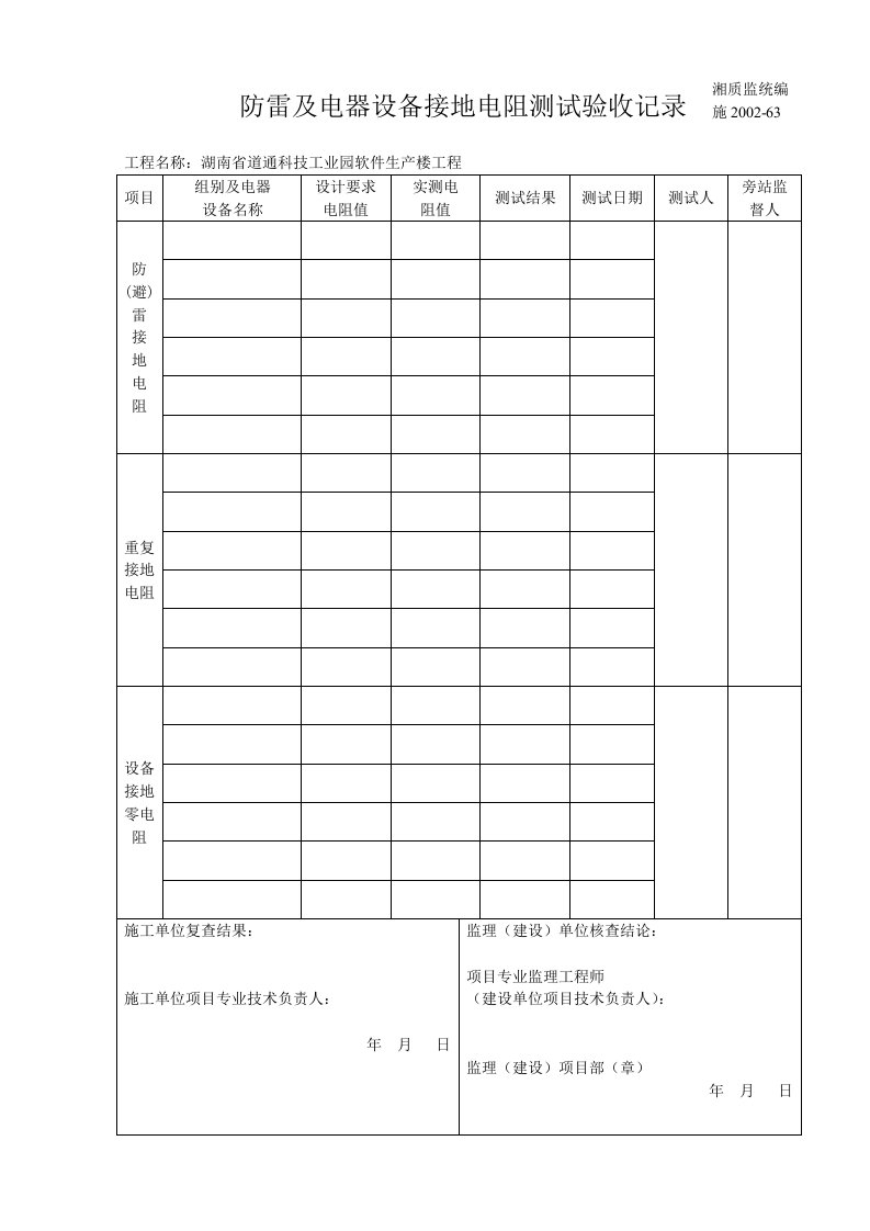 防雷及电器设备接地电阻测试验收记录