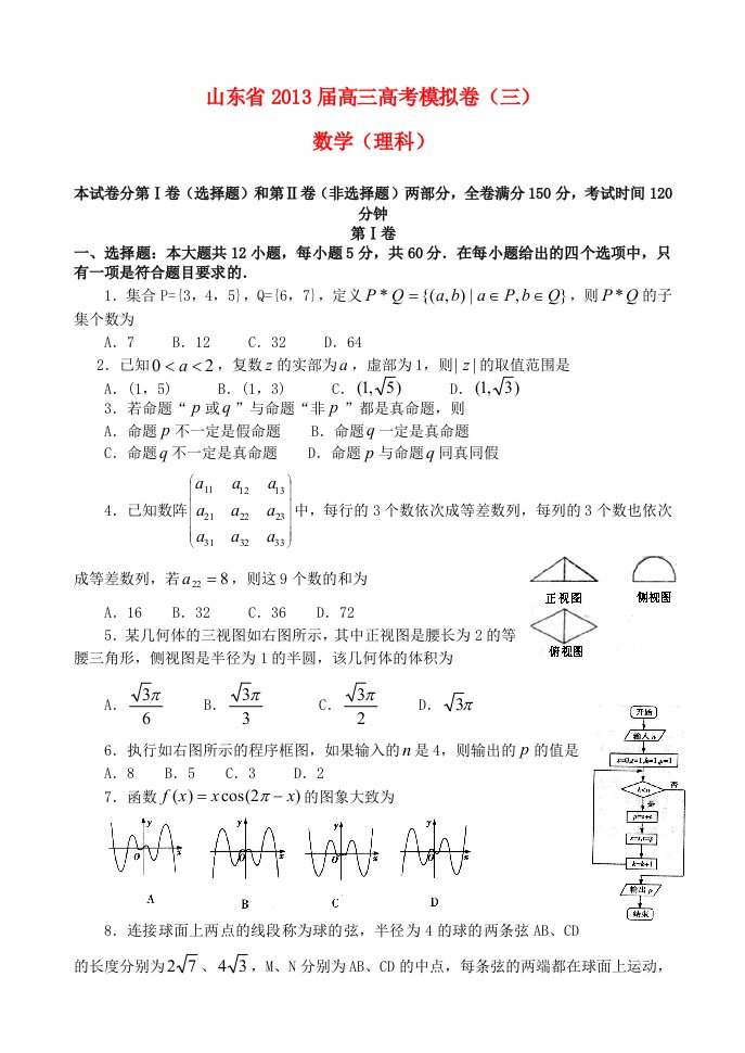 山东省2013届高三数学模拟试题（三）理