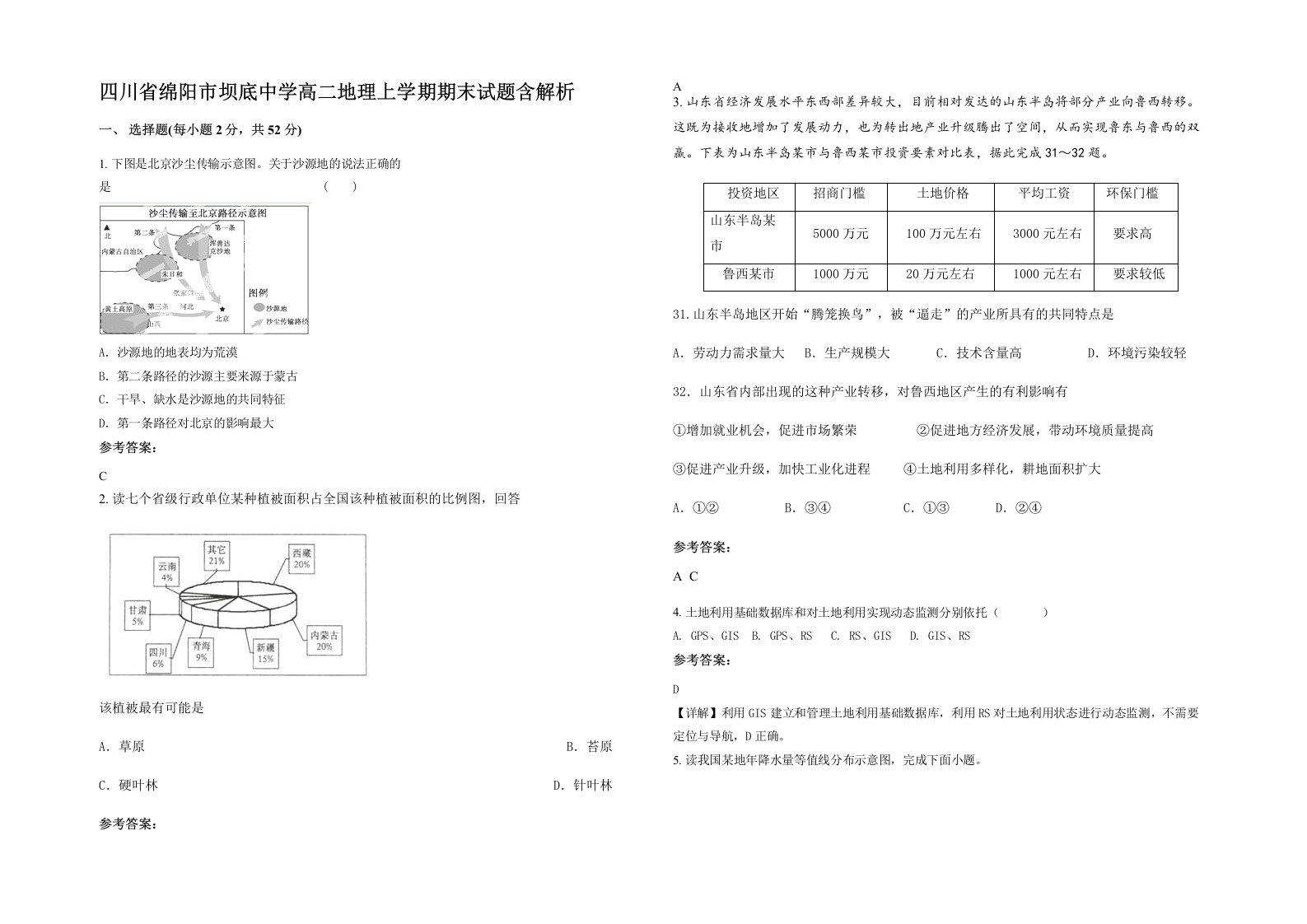 四川省绵阳市坝底中学高二地理上学期期末试题含解析