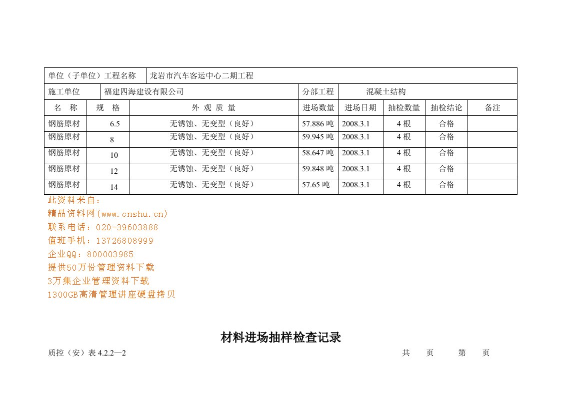 材料进场抽样检查表