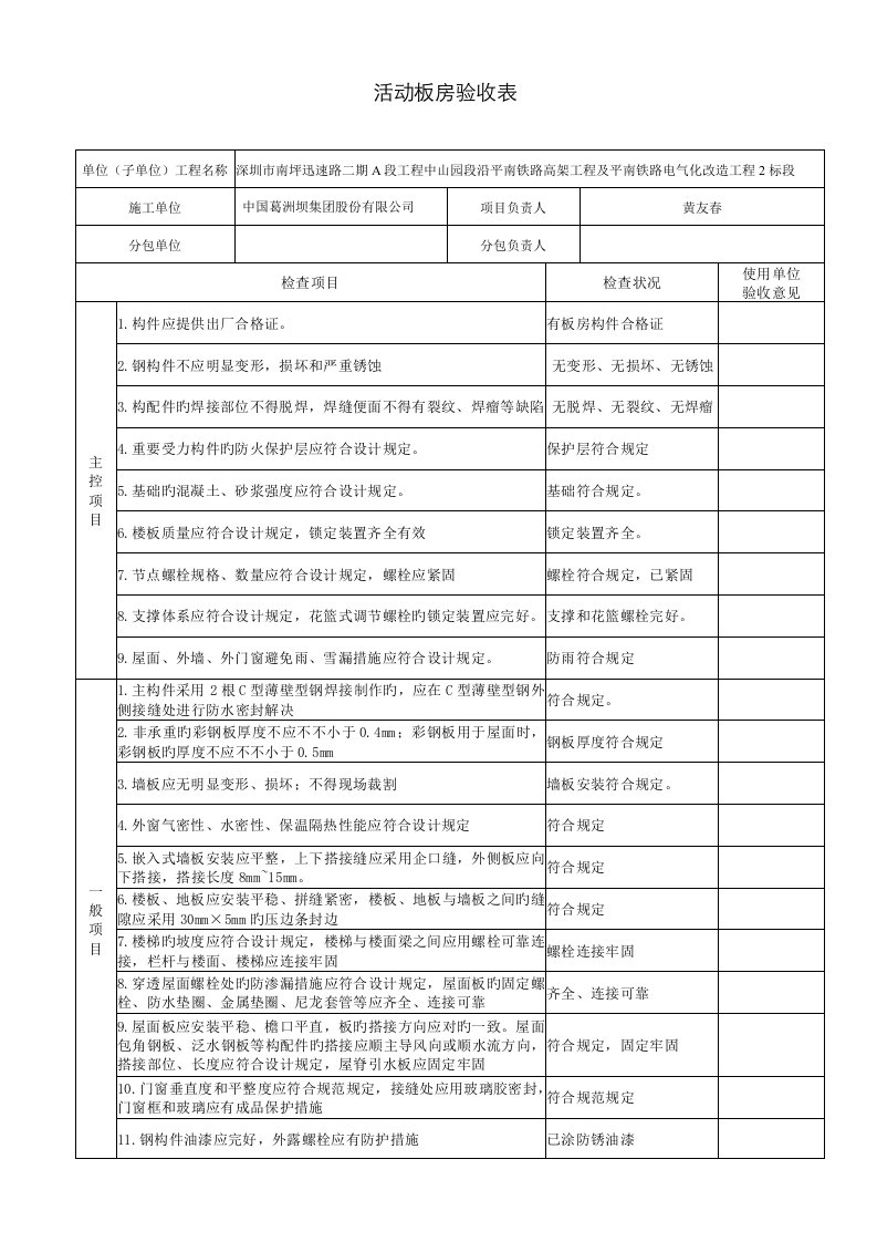 临时设施活动板房验收记录表