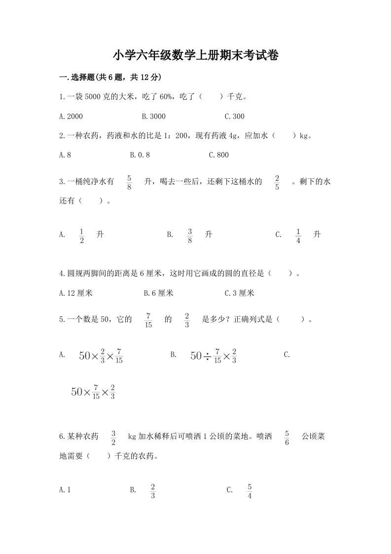 小学六年级数学上册期末考试卷精品（网校专用）