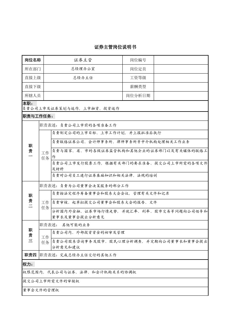 证券投资部岗位说明书大全8