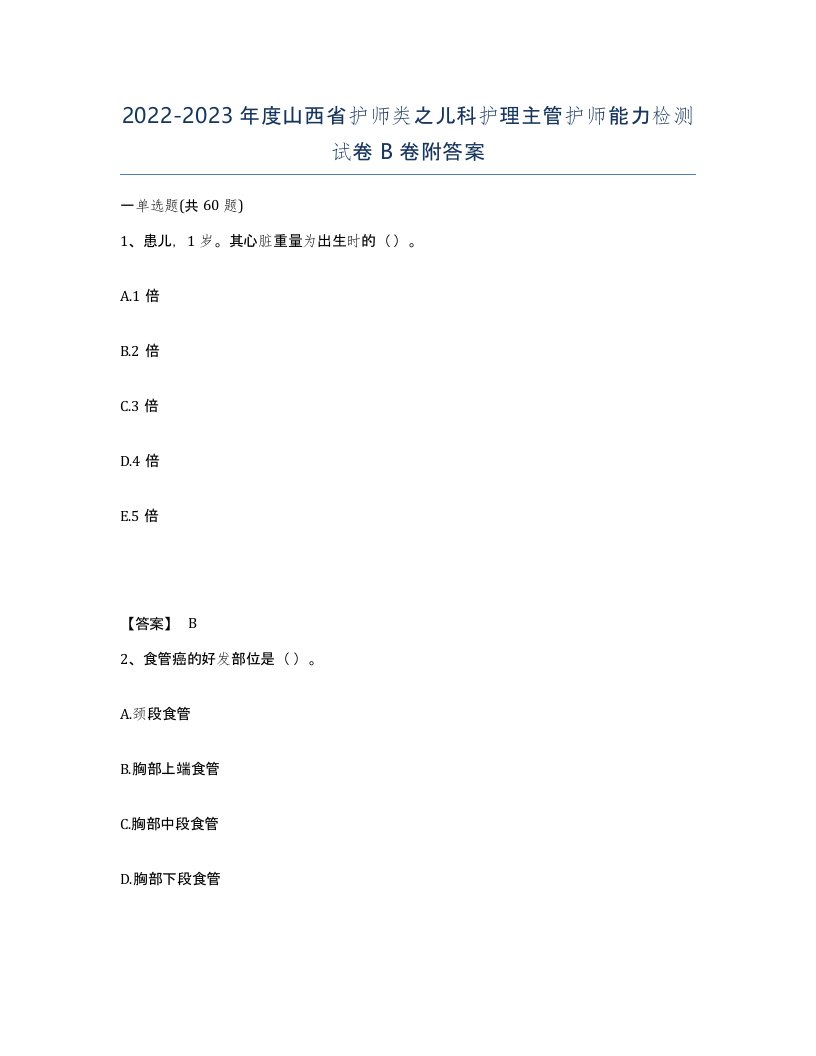 2022-2023年度山西省护师类之儿科护理主管护师能力检测试卷B卷附答案