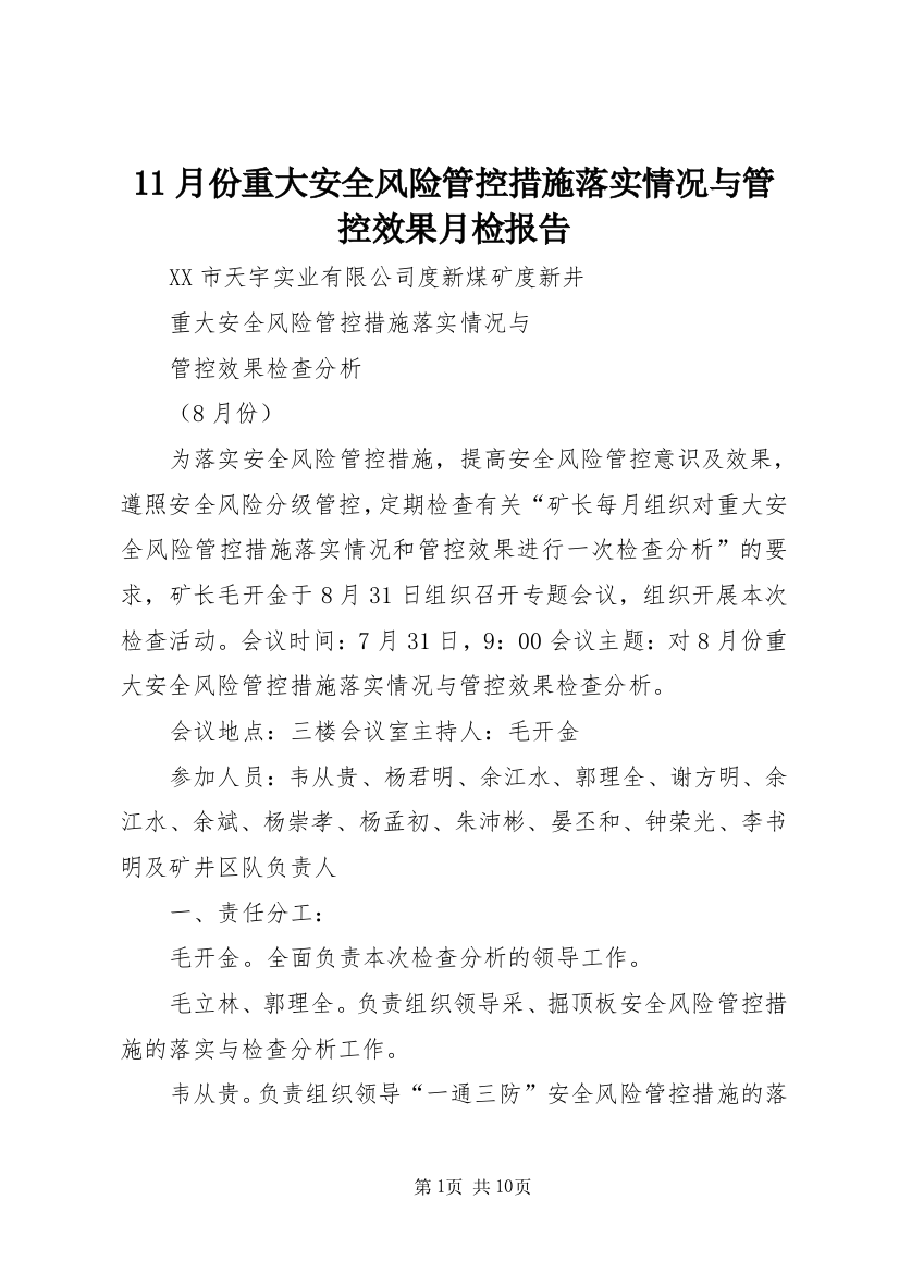 11月份重大安全风险管控措施落实情况与管控效果月检报告