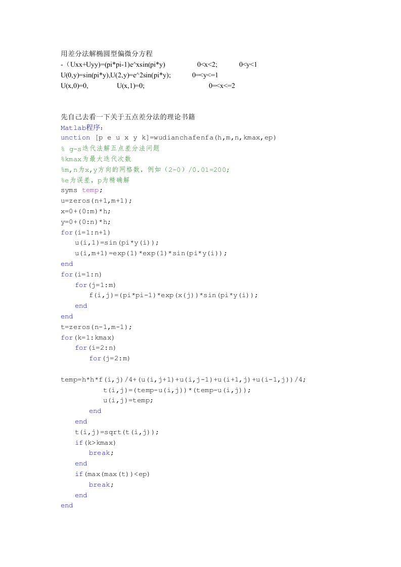 【最新资料】五点差分法(matlab)解椭圆型偏微分方程