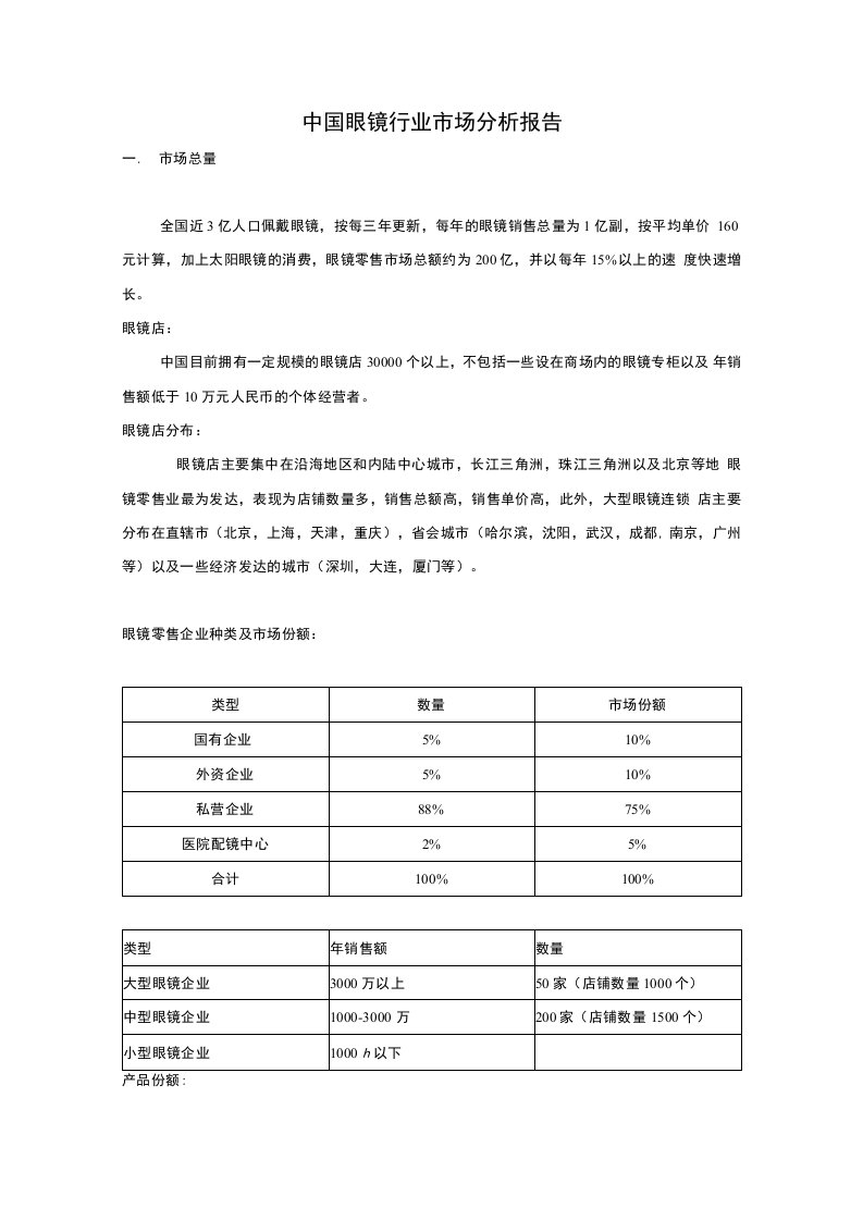 报告-中国眼镜行业市场分析报告