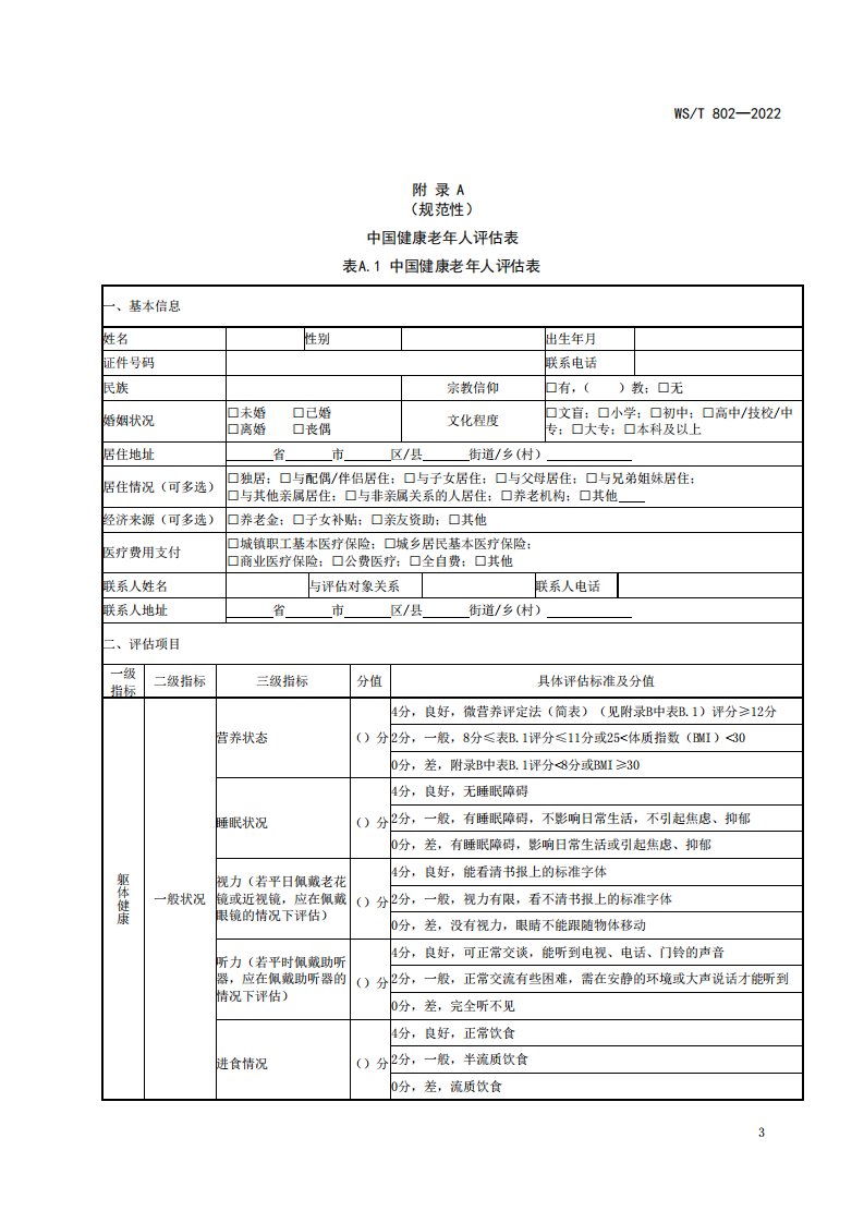 中国健康老年人评估表、相关指标评估量表