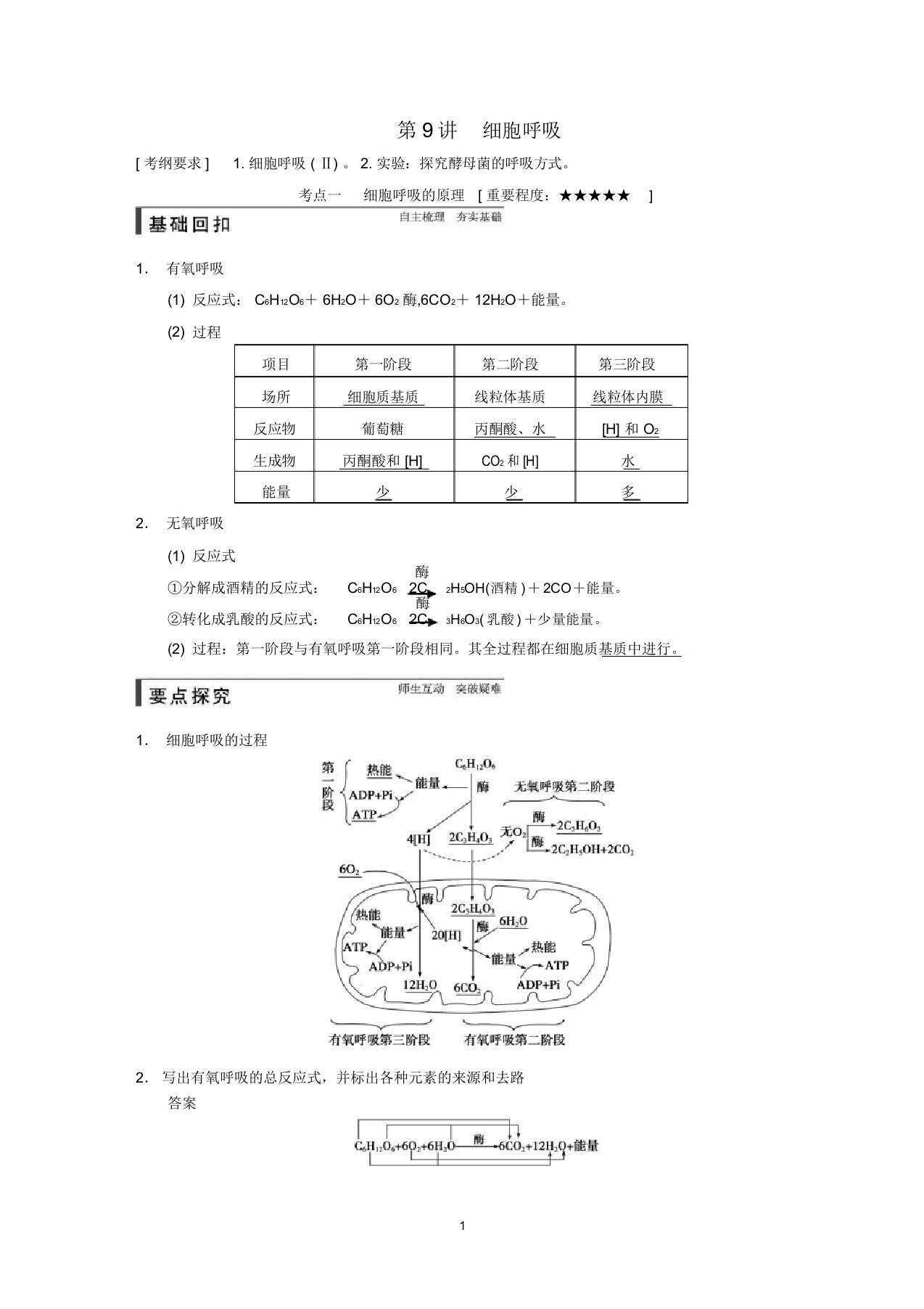 【步步高】高考生物一轮总复习精品名师精编讲义第9讲细胞呼吸新人教版