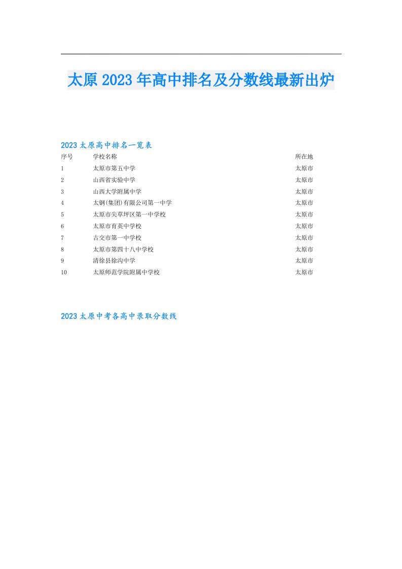 太原高中排名及分数线最新出炉