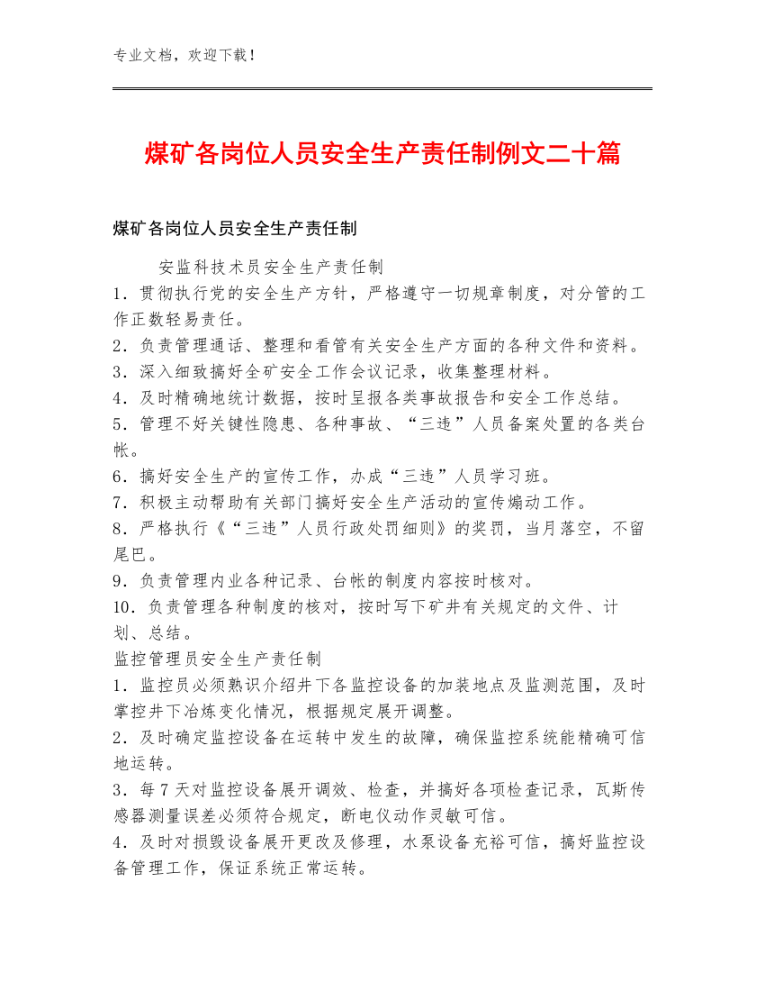 煤矿各岗位人员安全生产责任制例文二十篇