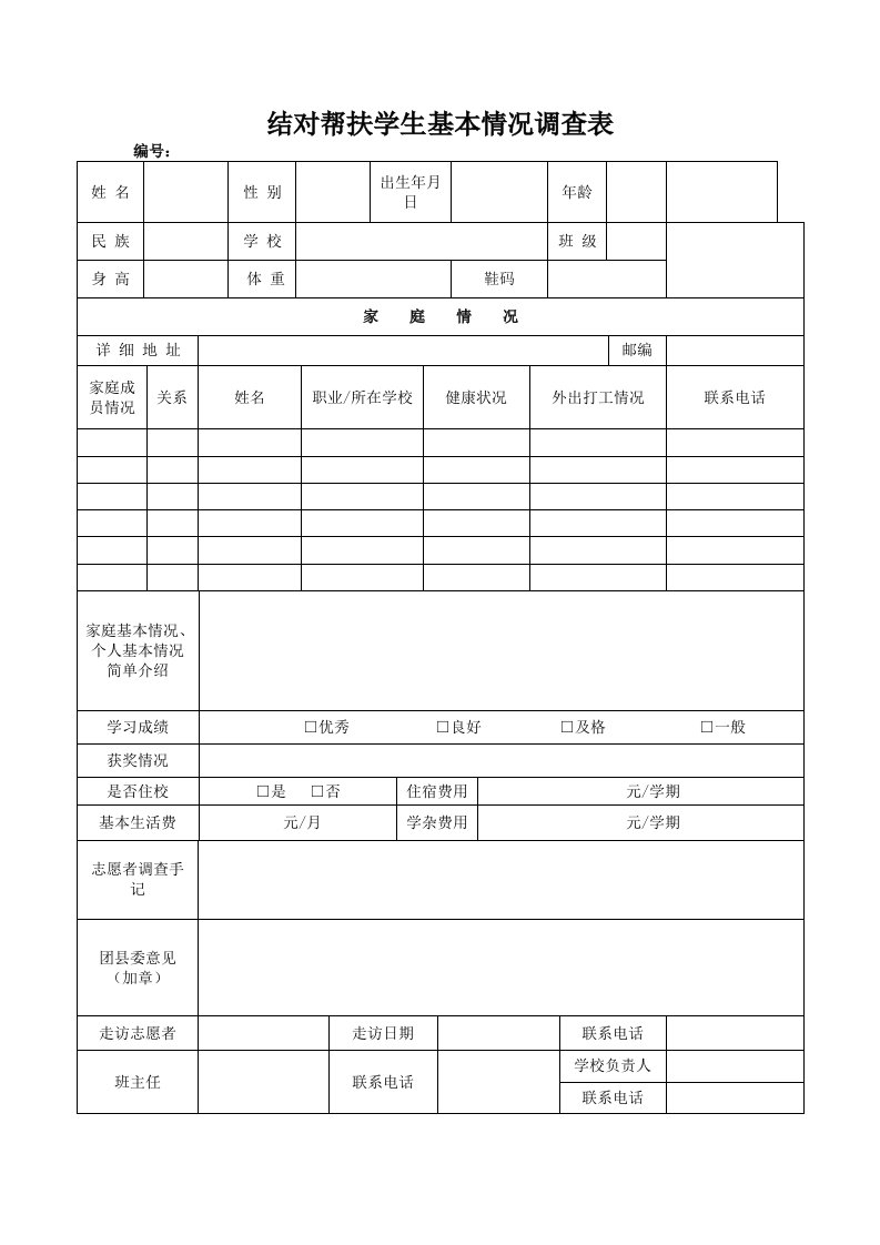 结对帮扶学生基本情况调查表