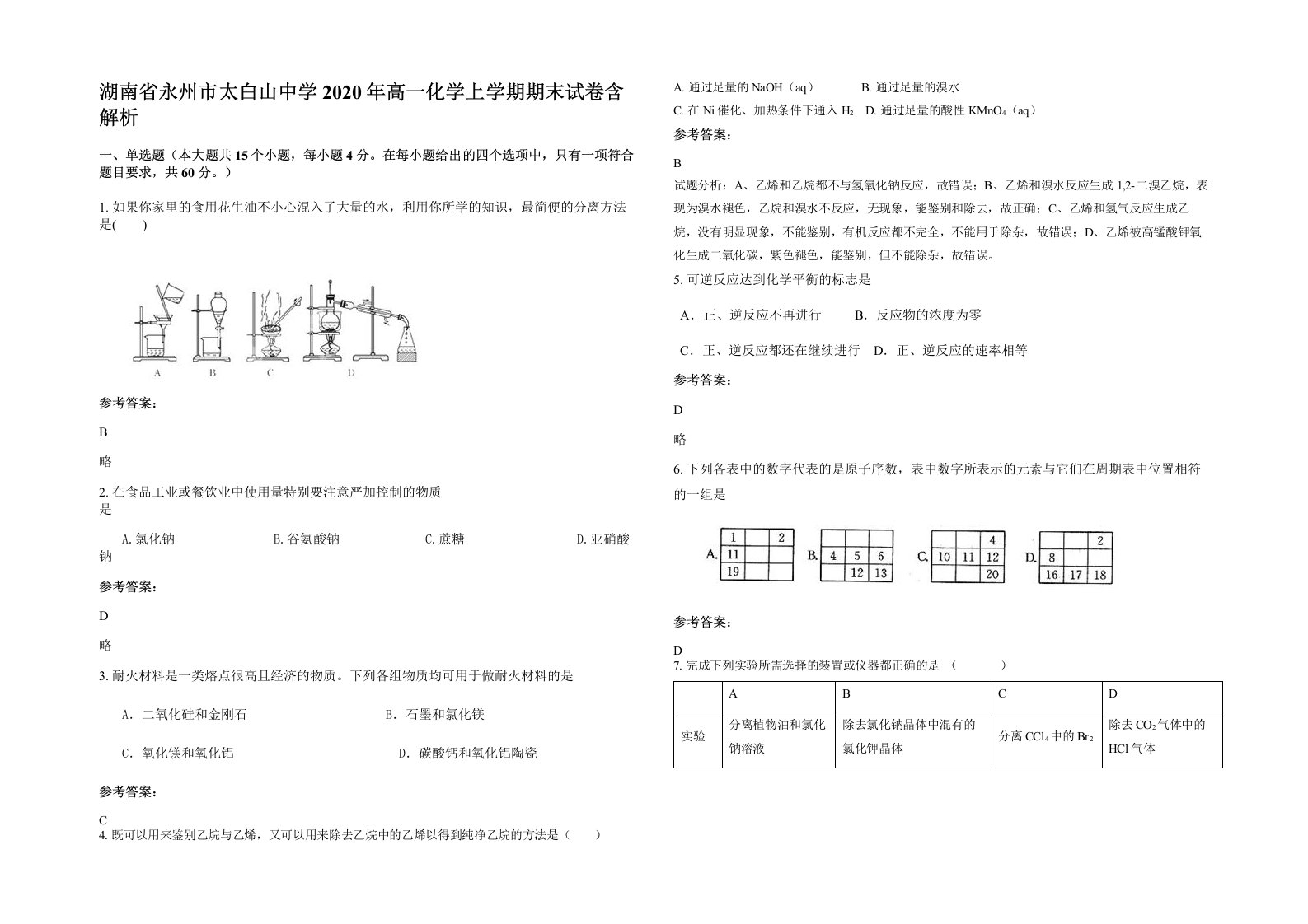 湖南省永州市太白山中学2020年高一化学上学期期末试卷含解析