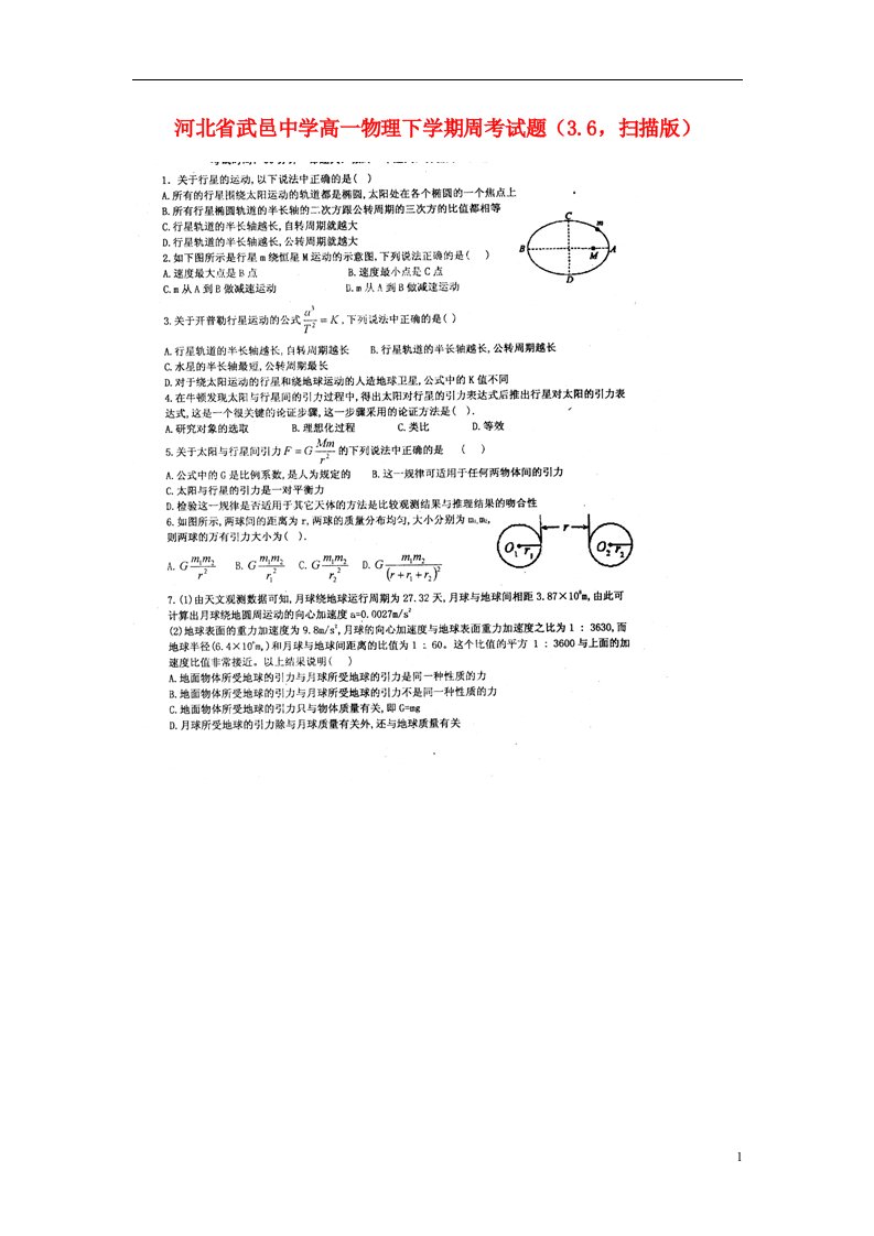 河北省武邑中学高一物理下学期周考试题（3.6，扫描版）