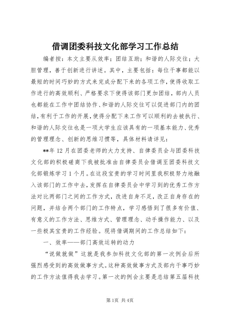 3借调团委科技文化部学习工作总结