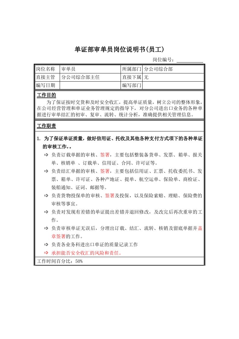 分公司综合部审单员职务说明书