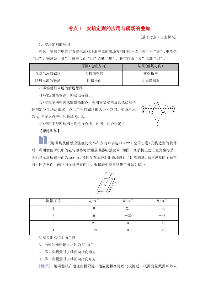 2025版高考物理一轮总复习考点突破第11章磁场第27讲磁场的描述与磁吃电流的作用考点1安培定则的应用与磁场的叠加