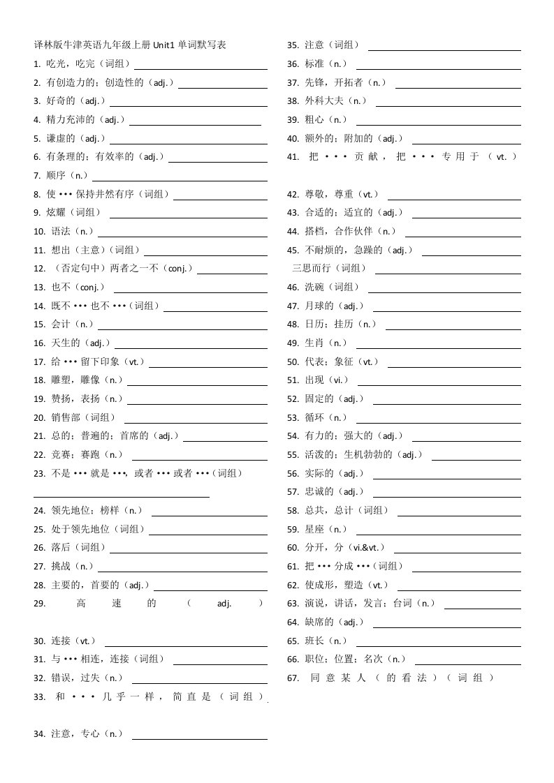 译林版九年级上册英语单词默写打印版