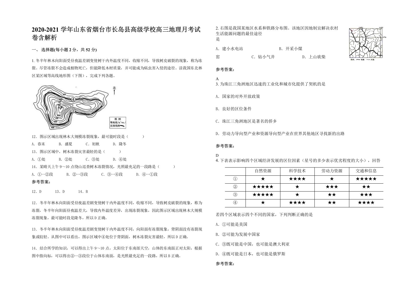 2020-2021学年山东省烟台市长岛县高级学校高三地理月考试卷含解析