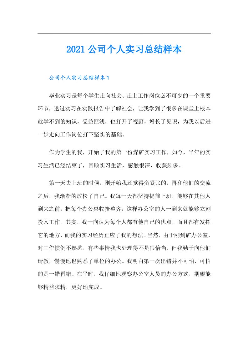 公司个人实习总结样本