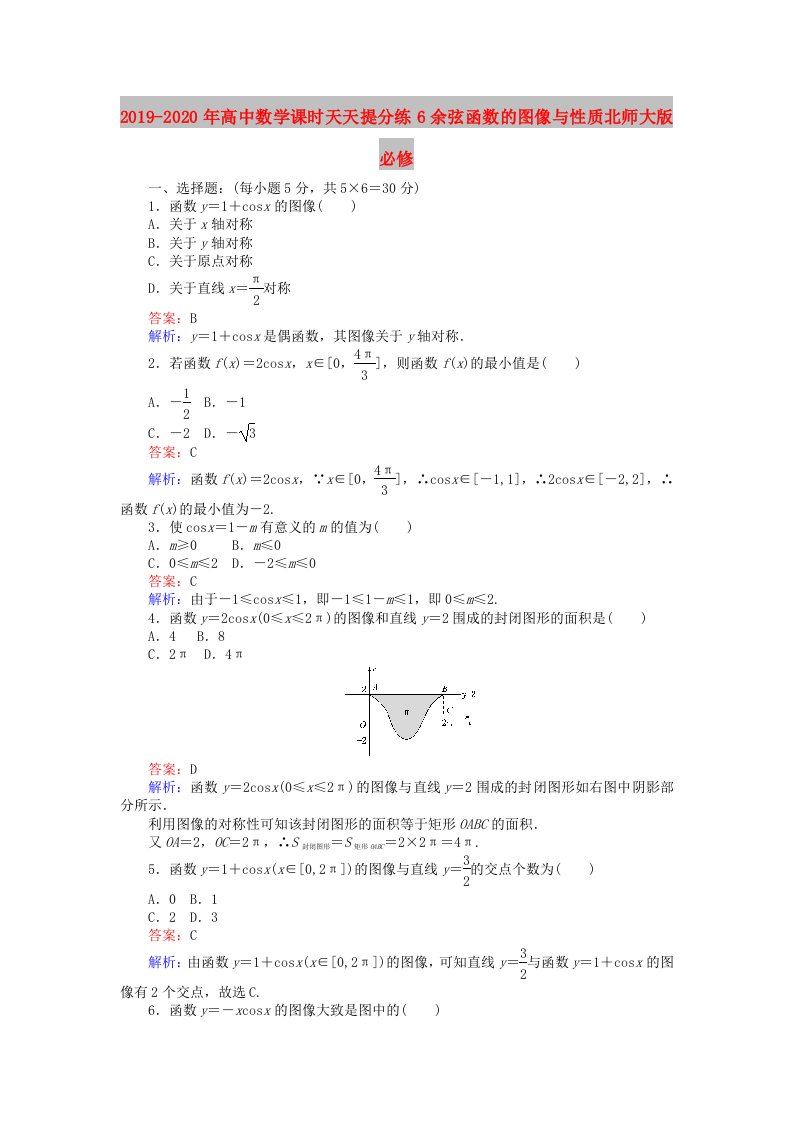 2019-2020年高中数学课时天天提分练6余弦函数的图像与性质北师大版必修