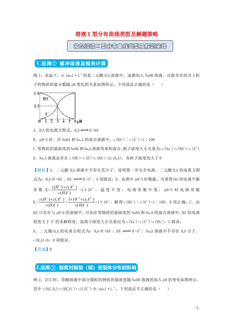 统考版2021届高考化学二轮复习备考提升指导与精练16溶液X型分布曲线类型及解题策略含解析2021041628