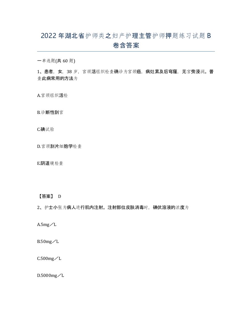 2022年湖北省护师类之妇产护理主管护师押题练习试题B卷含答案