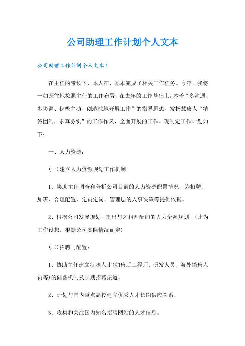 公司助理工作计划个人文本