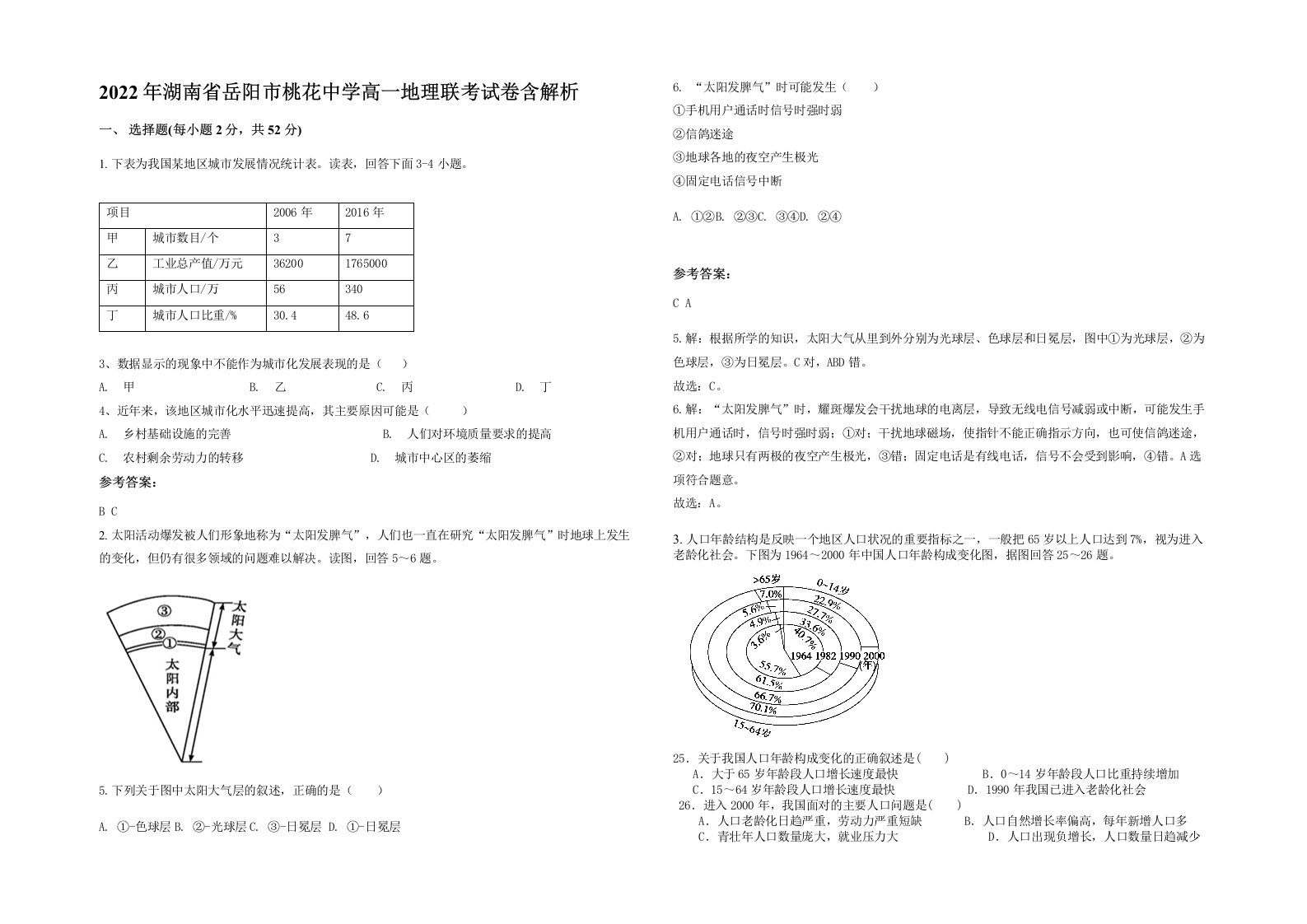 2022年湖南省岳阳市桃花中学高一地理联考试卷含解析