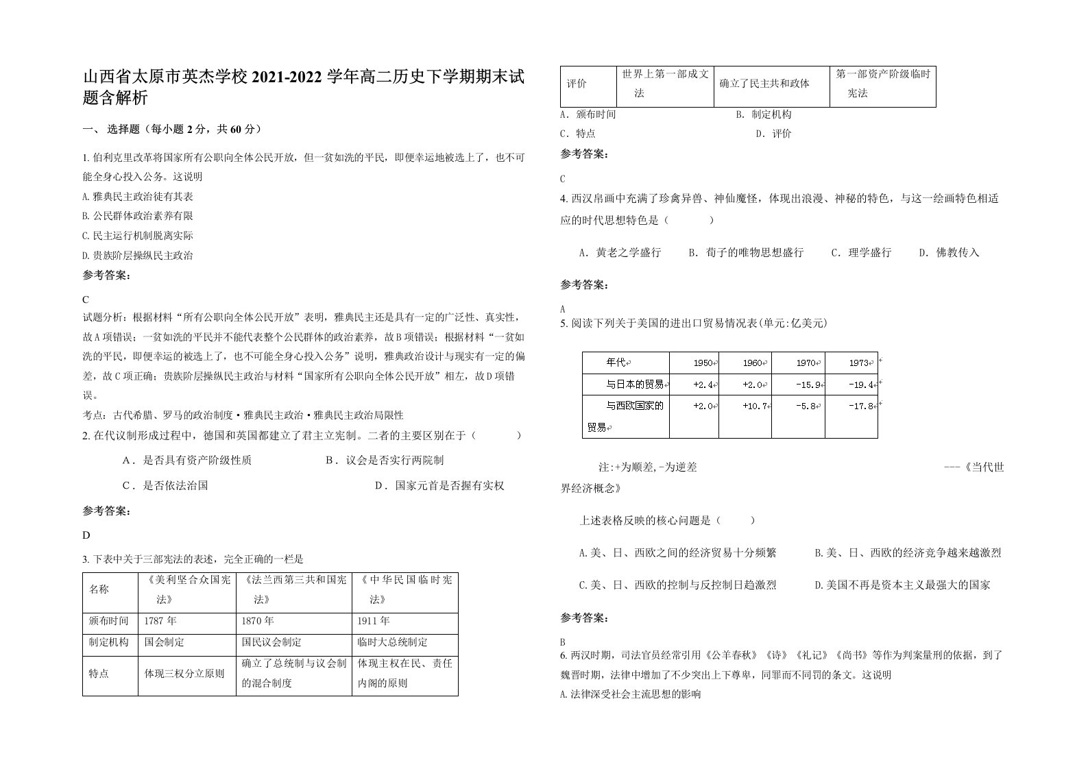 山西省太原市英杰学校2021-2022学年高二历史下学期期末试题含解析