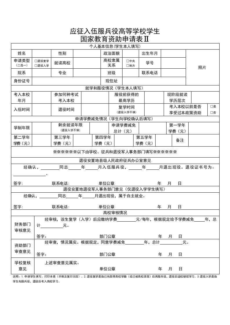 应征入伍服兵役高等学校学生国家教育资助申请表Ⅱ(退役生)