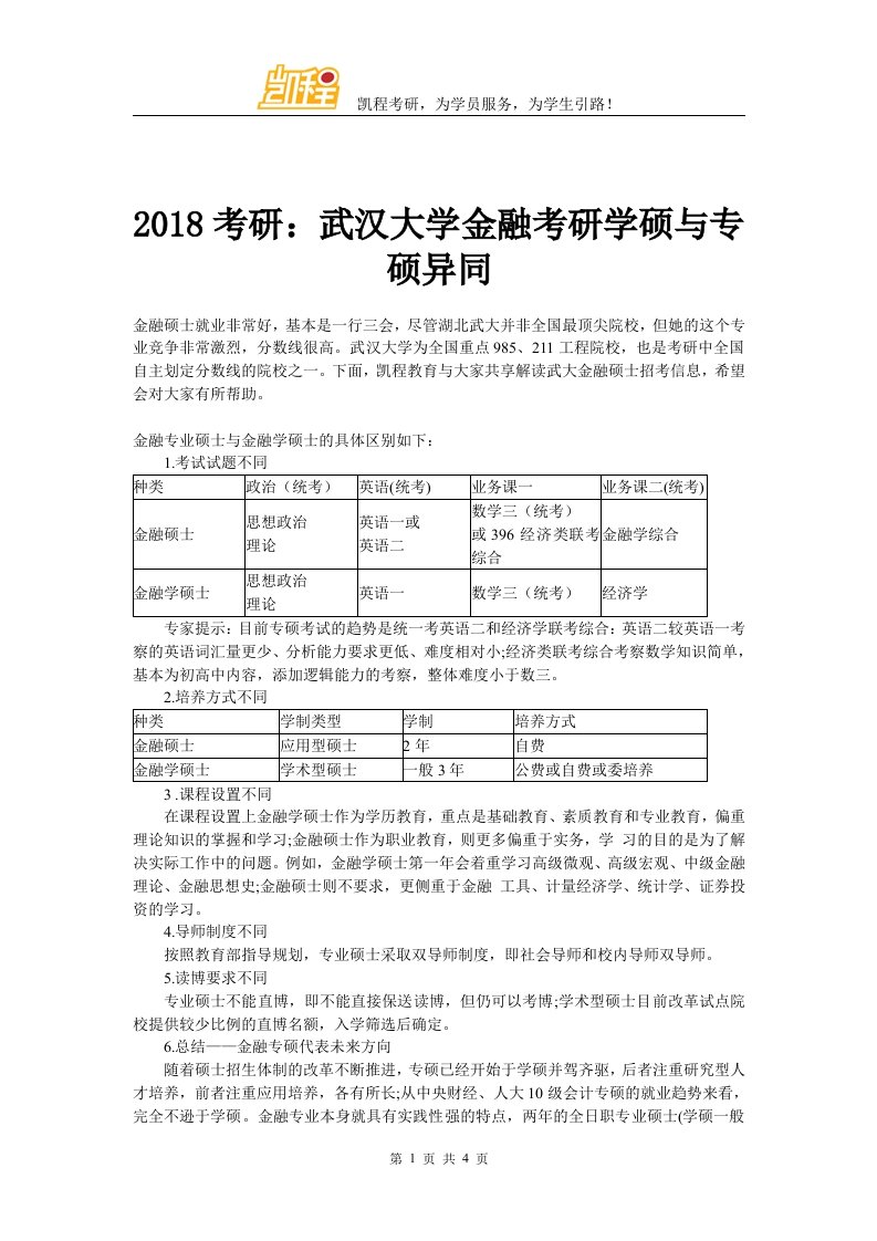 武汉大学金融考研学硕与专硕区别