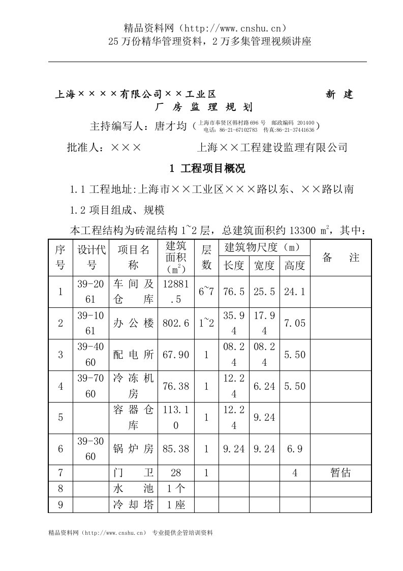 上海X工业区新建厂房监理规划