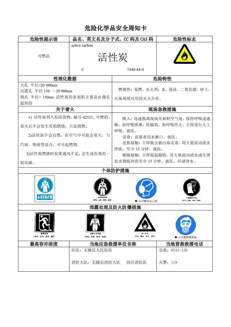 危险化学品安全周知卡-活性炭