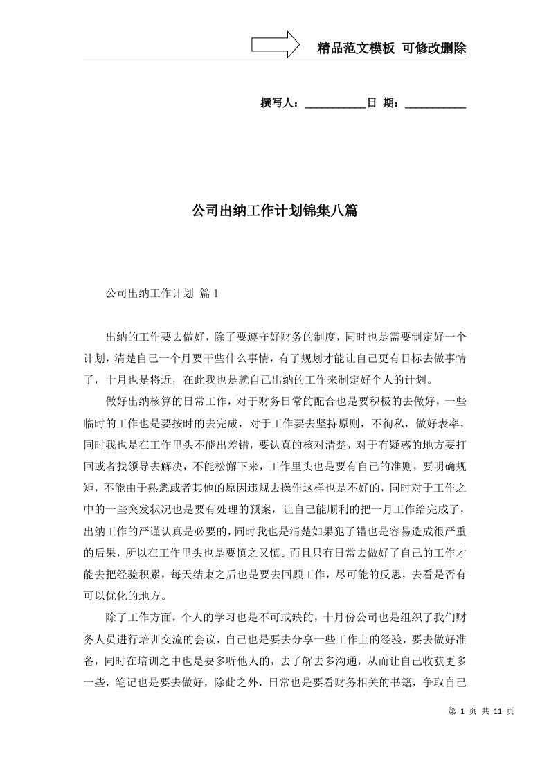 2022年公司出纳工作计划锦集八篇