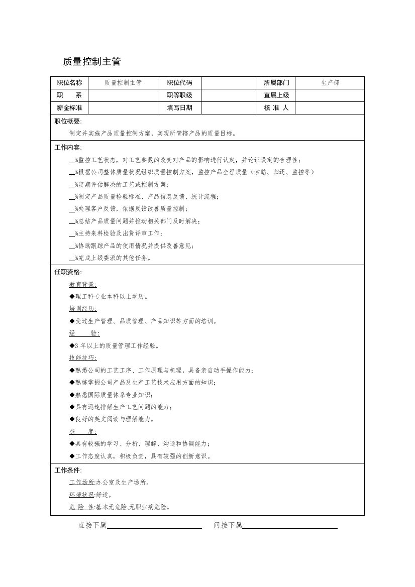 质量控制主管职位说明书