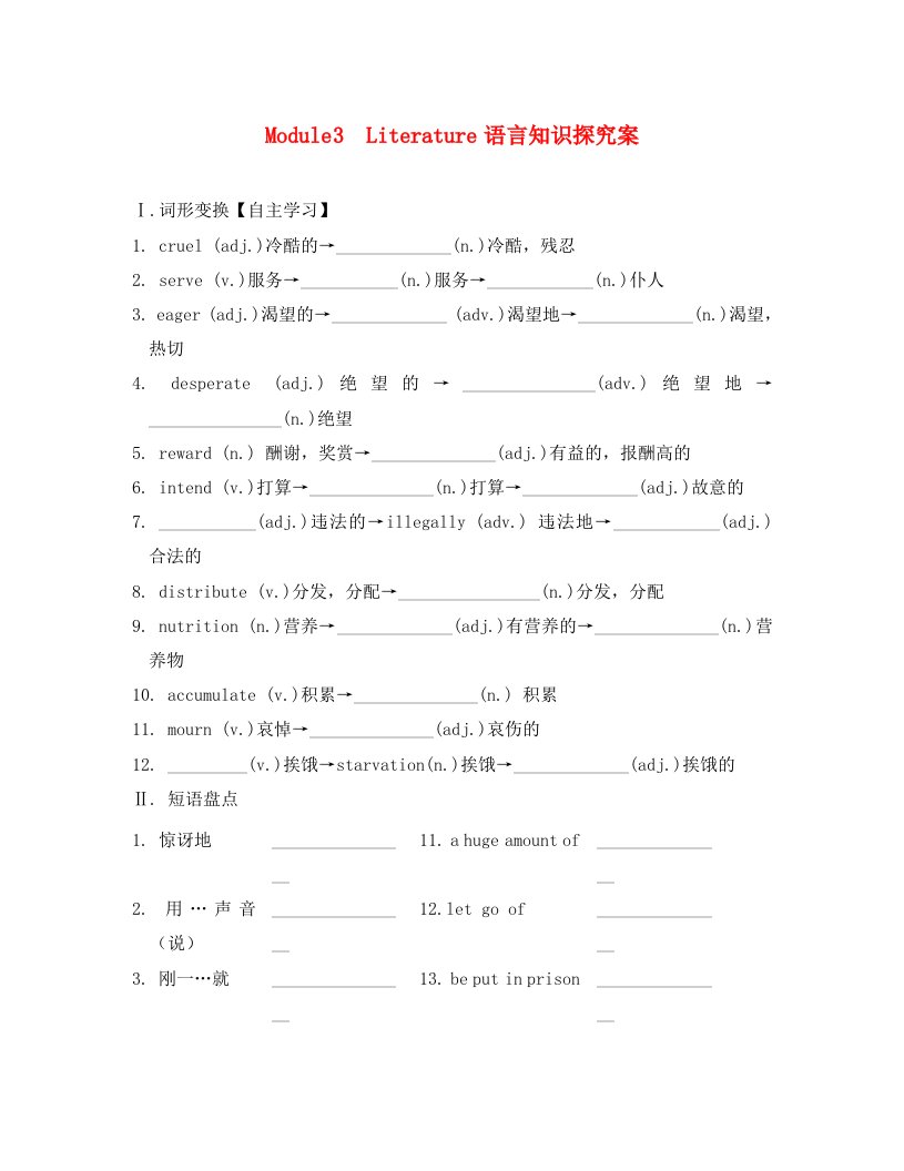 2020届高三英语一轮复习Module3Literature语言知识案无答案外研版选修7