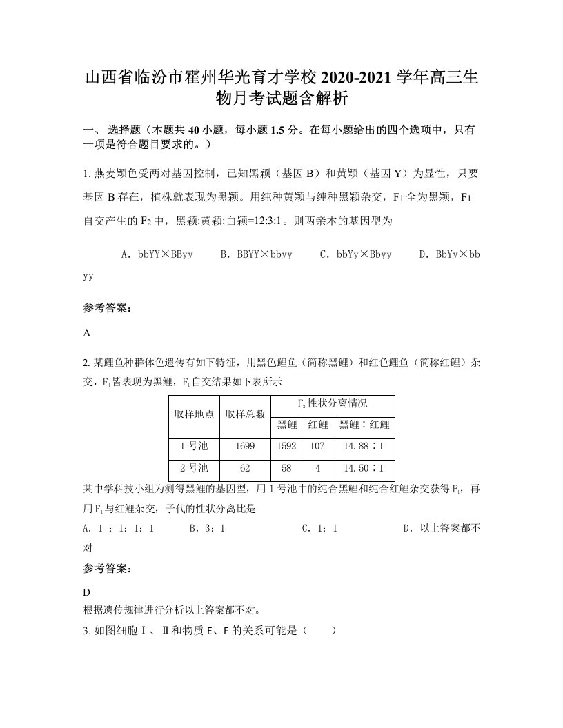 山西省临汾市霍州华光育才学校2020-2021学年高三生物月考试题含解析