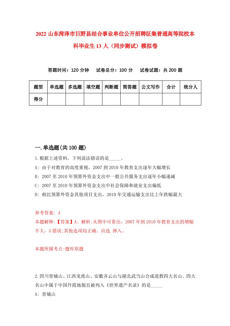 2022山东菏泽市巨野县结合事业单位公开招聘征集普通高等院校本科毕业生13人同步测试模拟卷5