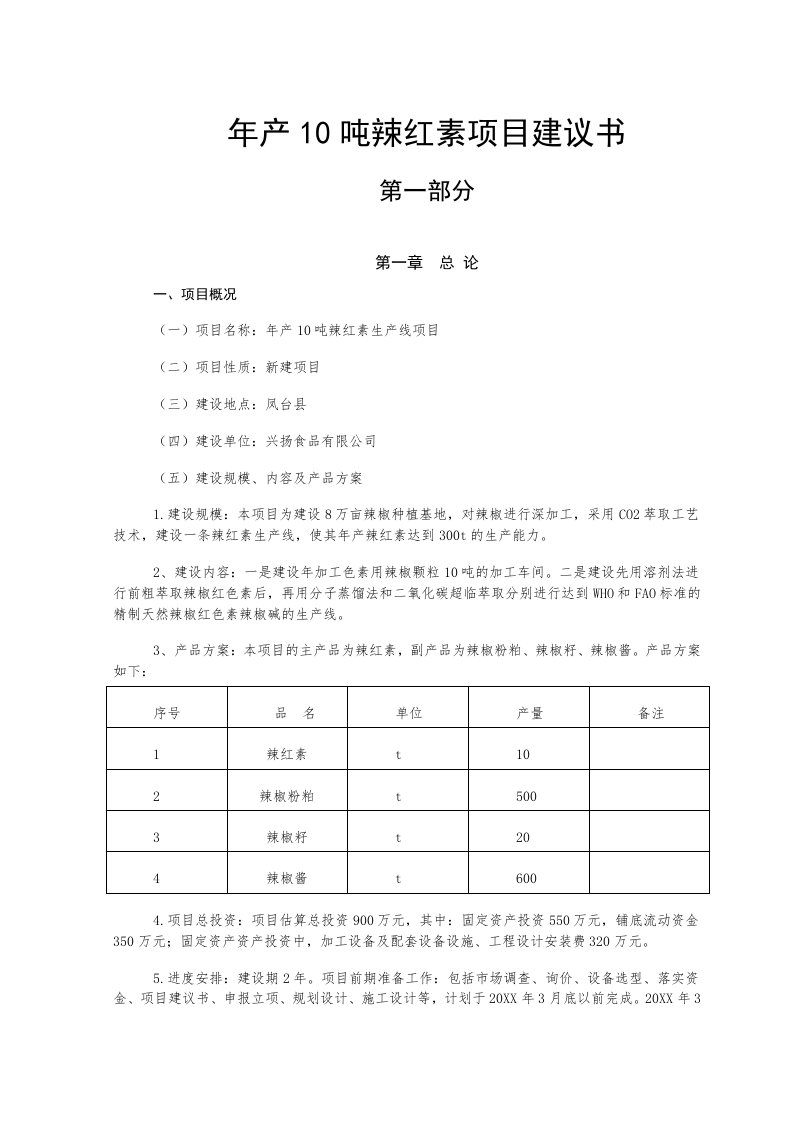 年产10吨辣红素项目建议书