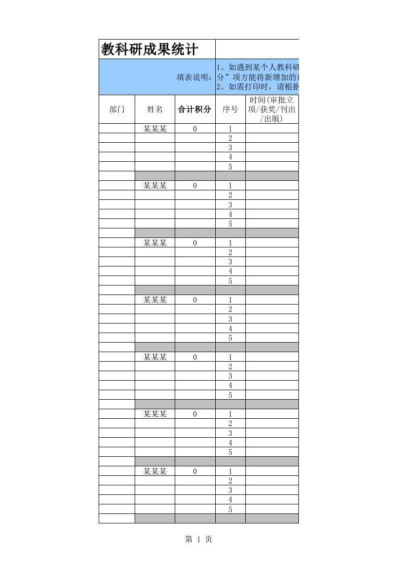 表格模板-近35年科研成果统计积分表模板