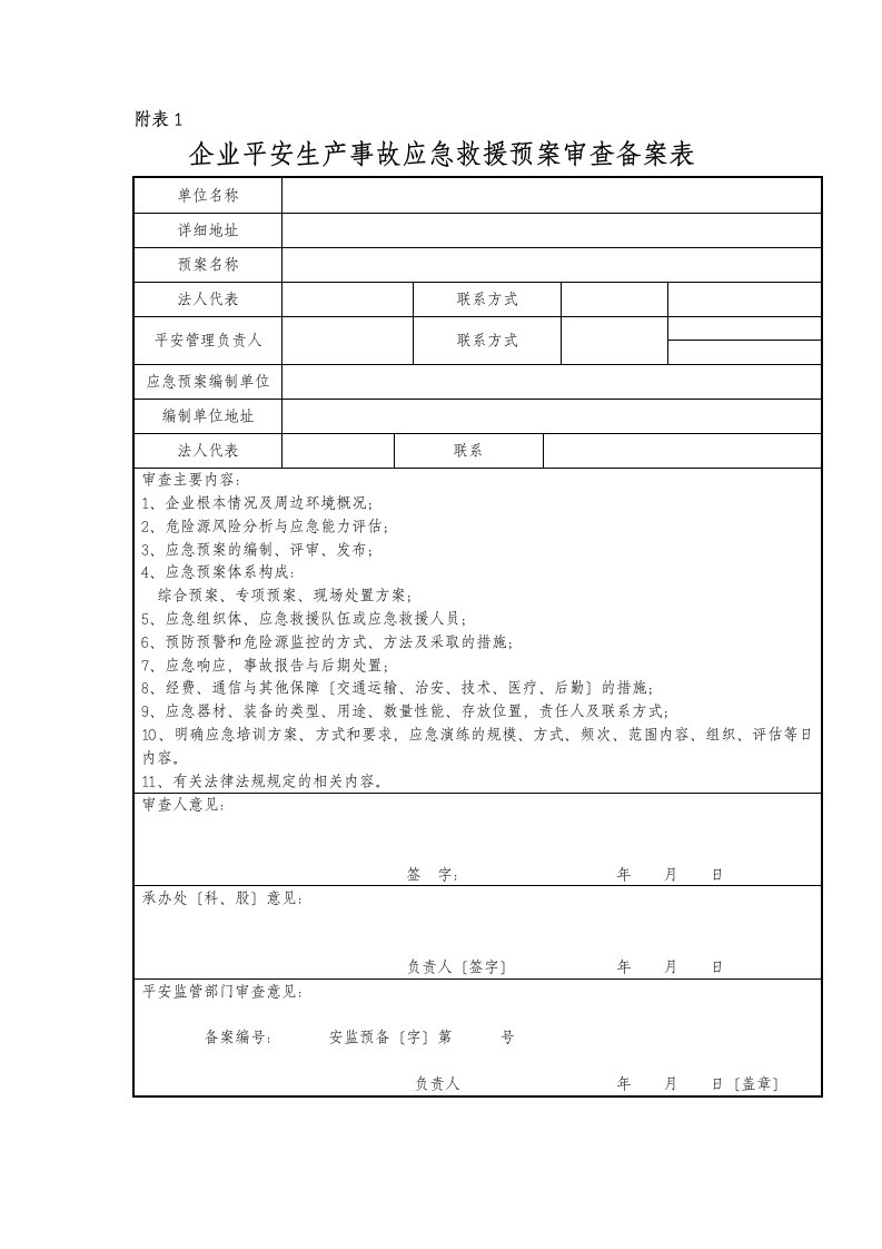 企业安全生产事故应急救援预案审查备案表