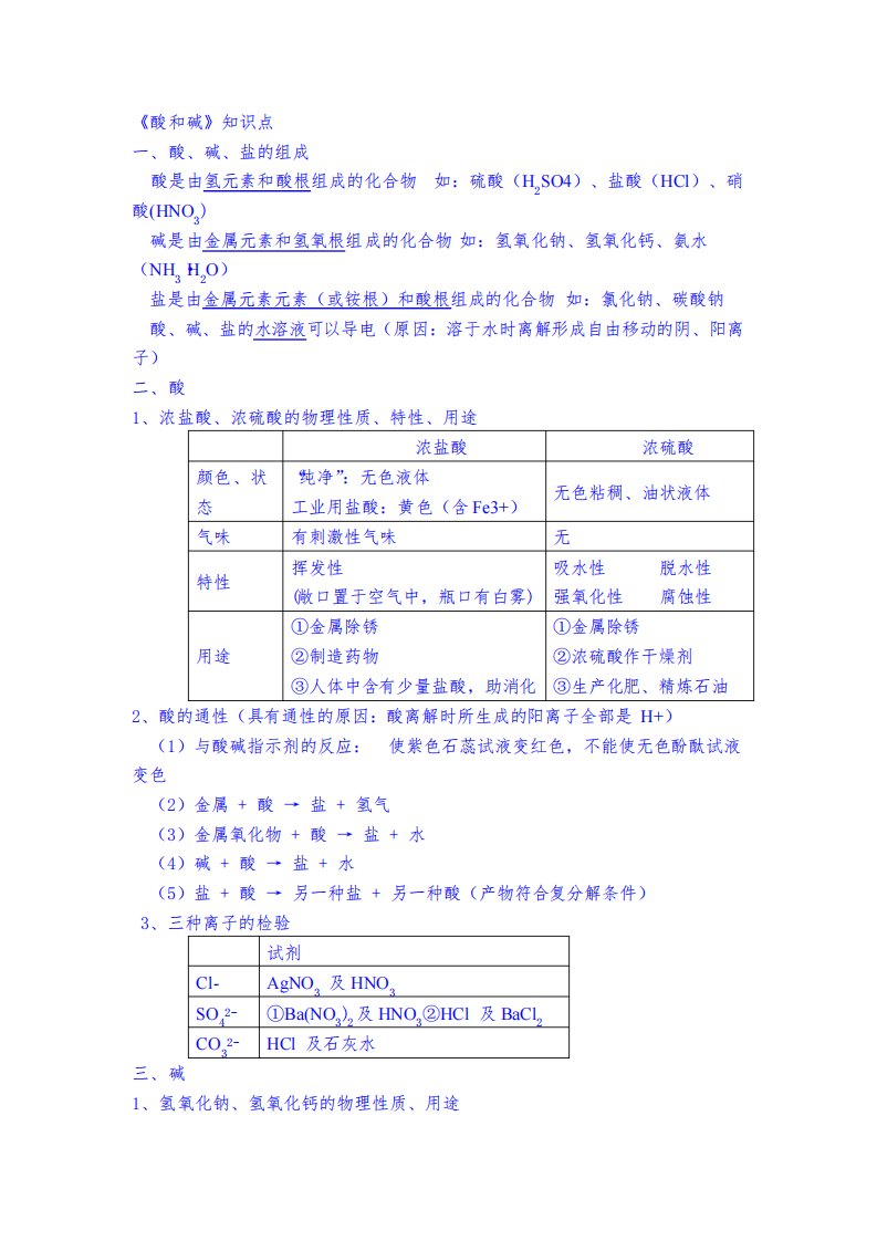 初三化学《酸和碱》知识点、习题及答案