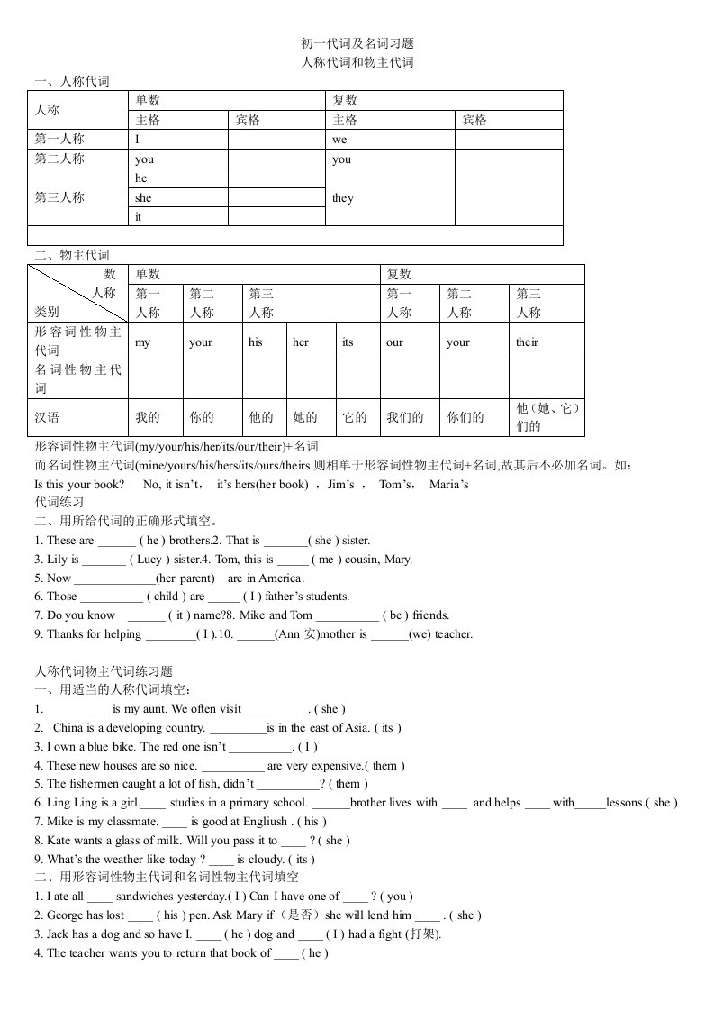 初一代词练习和名词复数