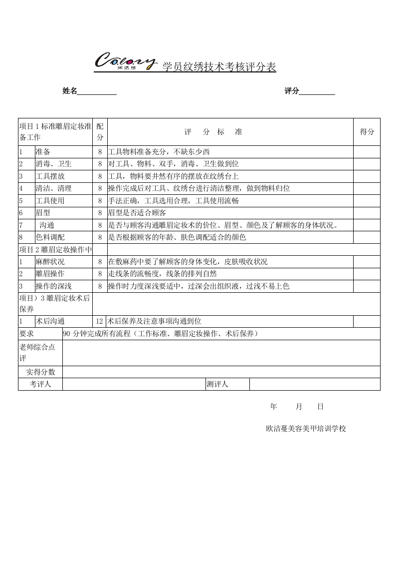 学员技术考核表(纹绣)